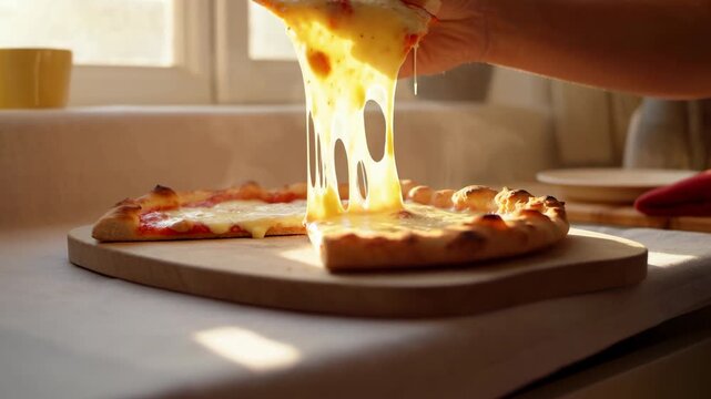 Hand lifting cheesy pizza slice with long cheese pull over wooden board in sunlit kitchen, warm home meal scene with rustic texture, gooey stretch, cozy dining mood