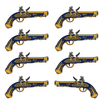 Set of antique flintlock pistols in pixel art style, navy blue with ornate gold detailing, historical weapon illustration