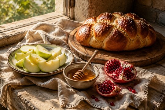 Windowsill with sliced apples, honey, challah, and pomegranate on linen.