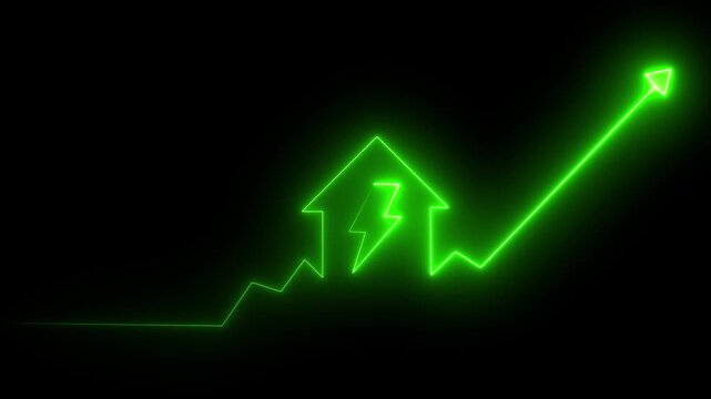 Home icon house sign neon lights animation with up arrow battery charging power icon. animation