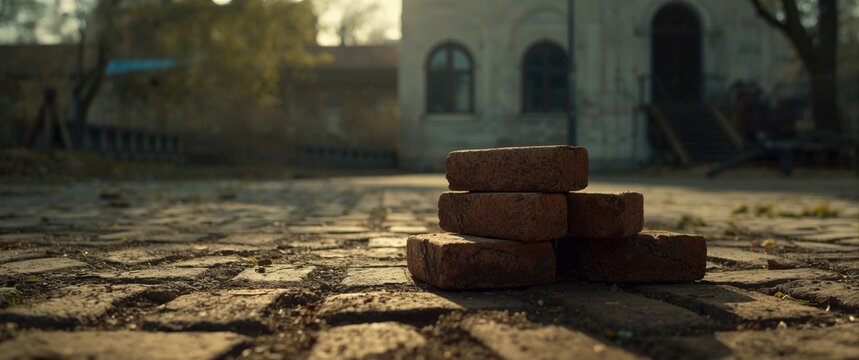Stack of Weathered Bricks on Cobblestone Ground with Soft Evening Light