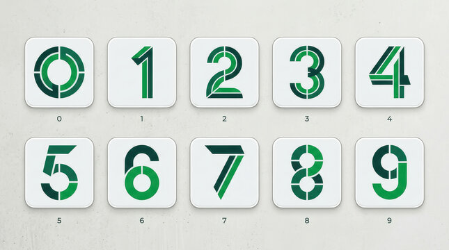 Abstract Modern Green Flat Geometric Stencil Numeric App Icon Set 0 to 9 Vector Illustration