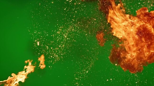 Fiery explosion and smoke trails against a vibrant green background