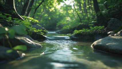 Fototapeta premium Serene forest stream flowing gently over rocks. Lush greenery surrounds the peaceful waterway.