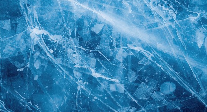 Frozen Ice Surface with Cracks and Bubbles in Blue Tones