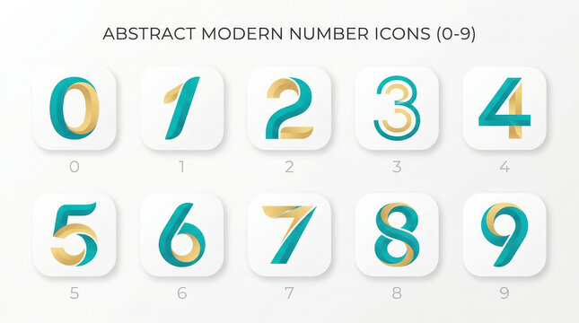Abstract Modern Teal and Champagne Gold 3D Ribbon Numeric App Icon Set 0 to 9 Vector Illustration
