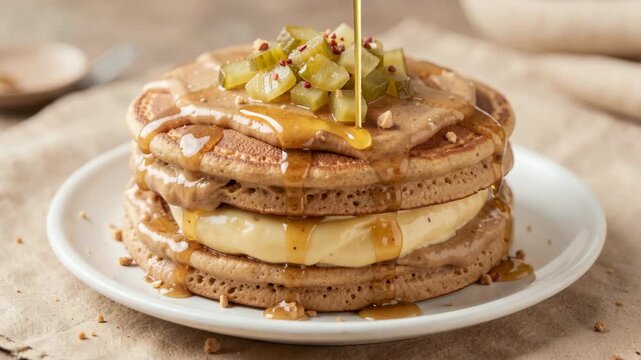 A stack of golden brown pancakes drizzled with maple syrup and topped with fruit garnishes on a white plate.