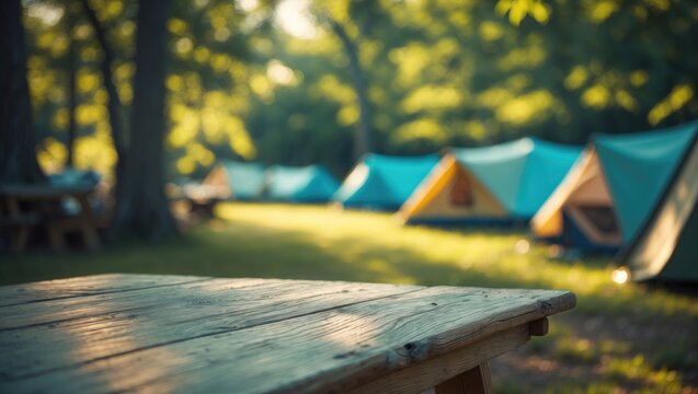 Wooden table top on camping ground mountain and grass field. Fresh and Relax concept. Designed for montage product display or key visual layout. View with ample copy space.