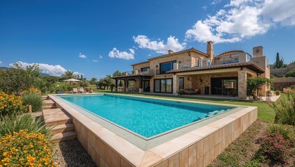 Fototapeta premium Luxury Villa with Swimming Pool Surrounded by Lush Greenery on a Sunny Day