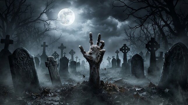 Spooky halloween night in a haunted graveyard with zombies rising from the dead