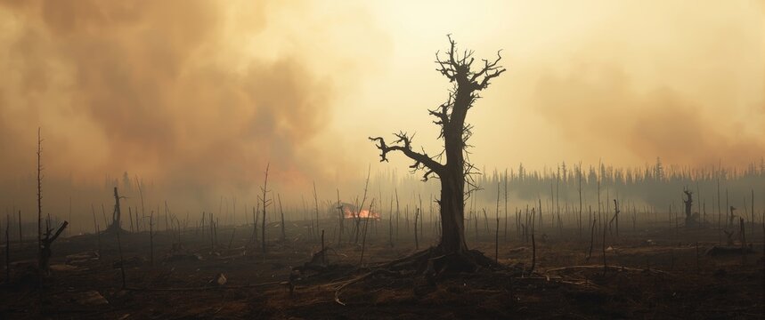 Burned landscape with a dead tree and smoke in the background