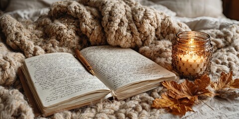Fototapeta premium Cozy Autumn Composition With A Handmade Journal Open Beside A Burning Candle Plus Knitted Blanket