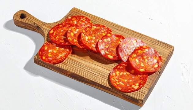 Sliced spicy red sausage arranged on a rustic wooden cutting board