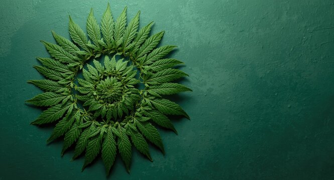 Spiral Arrangement of Green Leaves on a Textured Background