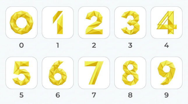 Abstract Modern Golden Yellow Low Poly Geometric Numeric App Icon Set 0 to 9 Vector Illustration