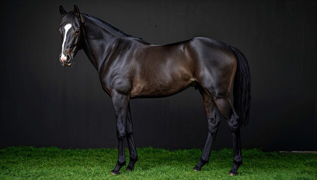Thoroughbred Horse Standing on Grass with Dark Background
