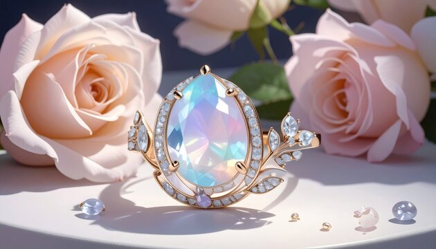 Elegant Opal Pendant with Diamond Accents Surrounded by Soft Pink Roses