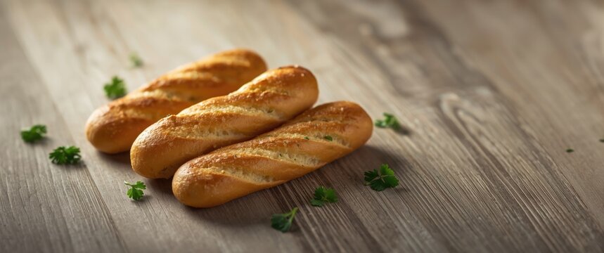 Freshly Baked Bread Sticks on Wooden Table - Close-Up, Warm Lighting, Rustic Feel