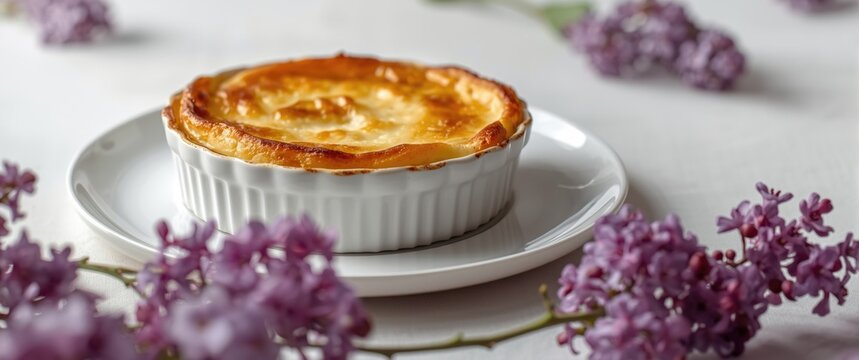 Baked Custard Dessert in White Dish Surrounded by Lilac Flowers