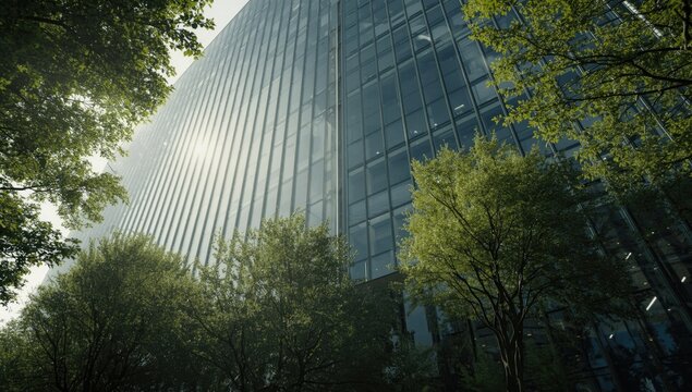Modern Office Building Surrounded by Lush Green Trees in Bright Sunlight
