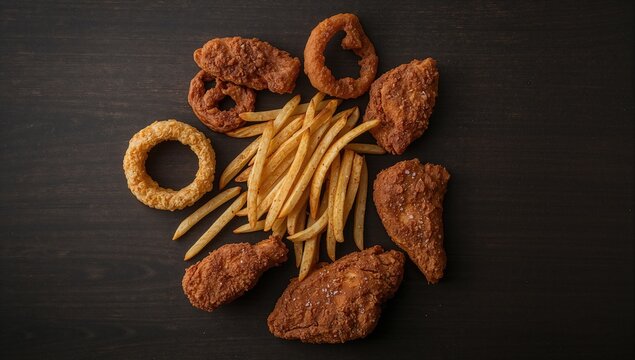 Fried Chicken and French Fries with Onion Rings on a Dark Wooden Surface