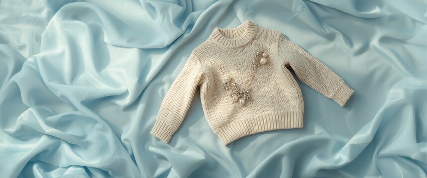 Elegant Cream Sweater with Embellishments - Soft Blue Satin Background, Flat Lay, Cozy Vibe
