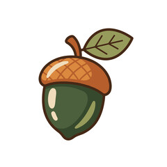 An acorn with a leafy cap sits on a surface in nature © iconyx