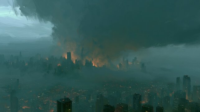 Fog Spreads Across a Cityscape as Clear Infrastructure Vanishes Into Darkness With Systems Failing Amid a Thick Atmosphere of Uncertainty