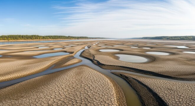 Vast Drought-Stricken River Floodplain Showing Cracked Earth and Receding Water Under a Clear Sky