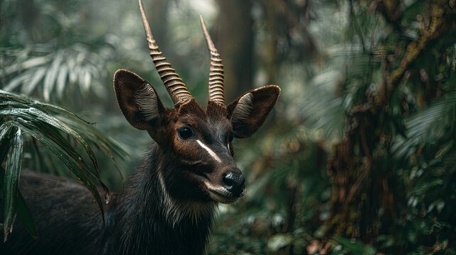 Rare saola antelope standing in a dense Asian jungle, illuminated by soft natural light, captured in a cinematic wildlife documentary style with shallow depth of field.
