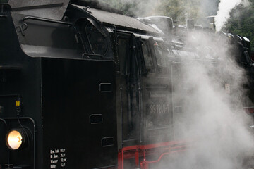 Historic steam locomotive surrounded by dense steam creating a dramatic railway scene with authentic industrial atmosphere. © Eric
