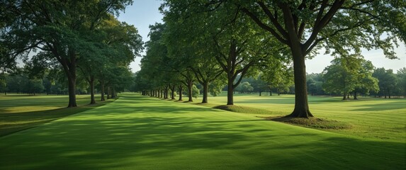 Obraz premium Scenic aerial photo of a golf course with soft grass and numerous trees