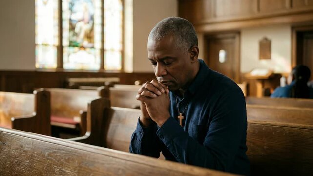 A man with gray hair praying in a church pew. He is dressed in casual clothes and appears deep in thought or supplication. The church interior has stained glass windows behind him.