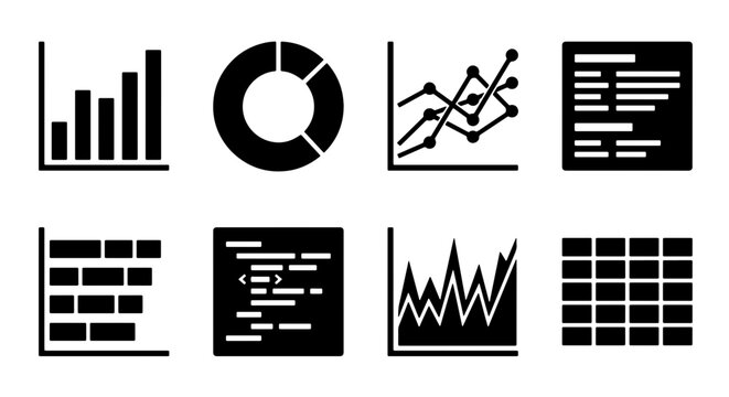 70 Data Visualization Icons Set, Business Analytics Charts and Graphs, Digital Information Graphics Collection, Vector Elements for Reports 100