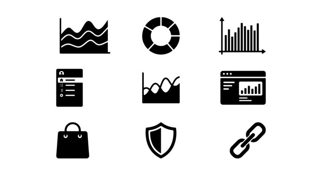 70 Business Analytics Icons Set, Data Visualization Symbols, Financial Charts and Graphs, Security Shield, Shopping Bag, Link Chain, Vector Graphics 100