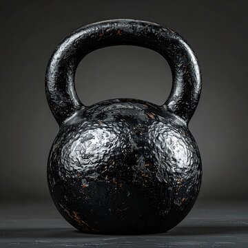 A heavy, textured black kettlebell rests on a dark surface