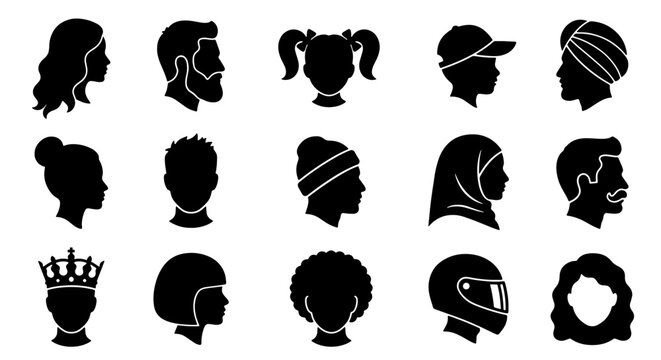 70 Diverse Human Head Silhouettes Collection, 15 Vector Icons Representing People, Profiles, and Hairstyles for Graphic Design and User Interfaces 100