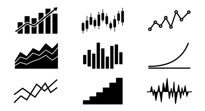 70 Black and White Business Growth Charts and Graphs Collection, Financial Analysis Icons, Stock Market Data Visualization Set 100