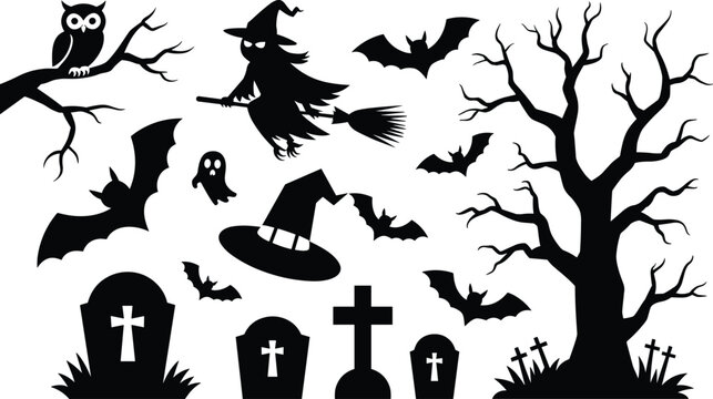 Halloween silhouettes with witch owl bats tombstones and spooky trees in dark night