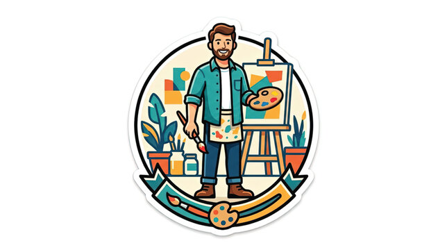 Smiling Artist Man with Easel, Palette, and Brushes, Modern Flat Illustration Style