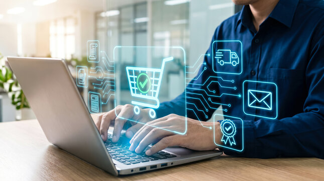 Businessman using a laptop to manage online shopping orders with digital logistics and ecommerce icons overlay
