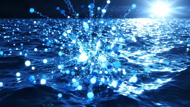 Abstract digital ocean with glowing blue particles and light reflection on water surface representing data flow and technology