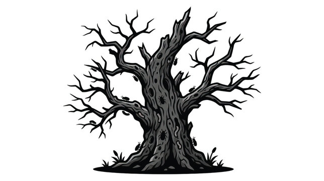 Spooky Dead Tree with Bark Pests and Insects, Dark Silhouette Illustration on White Background