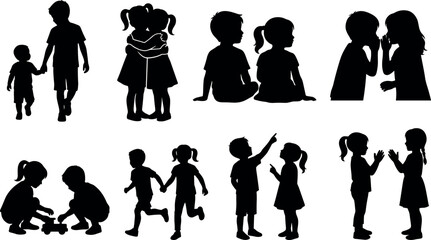 Children friendship and sibling silhouettes set featuring kids playing hugging whispering holding hands and talking