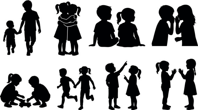 Children friendship and sibling silhouettes set featuring kids playing hugging whispering holding hands and talking