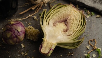 Obraz premium Artichoke Cut Open Showing Inner Layers on Dark Background
