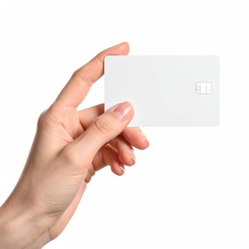 Hand holding a blank white chip card against a white background