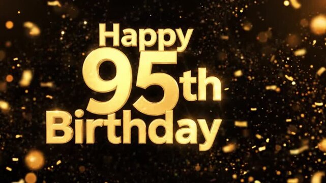A festive image displays "Happy 95th Birthday" in elegant, shimmering gold text against a black background. The lettering has a textured, celebratory appearance.

