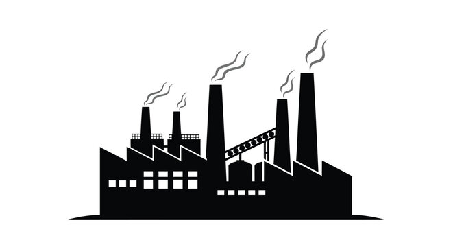 Factory Silhouette With Smokestacks Against A White Background