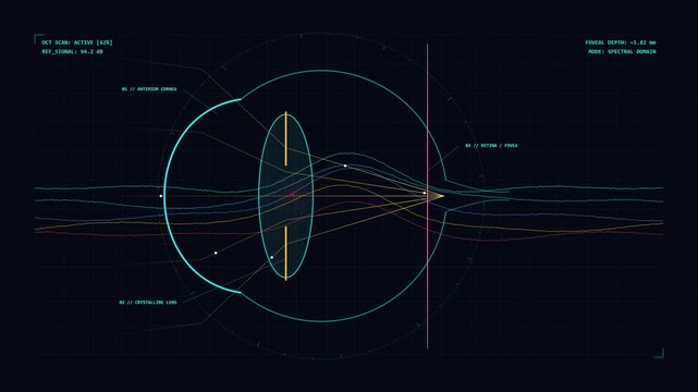 Futuristic medical HUD interface of an OCT eye scan measuring retina and cornea structure.